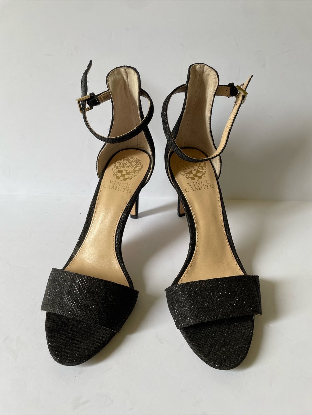 Elegant Vince Camuto Black Sparkle Evening Formal Heels Ankle Strat Sandals Sz 7